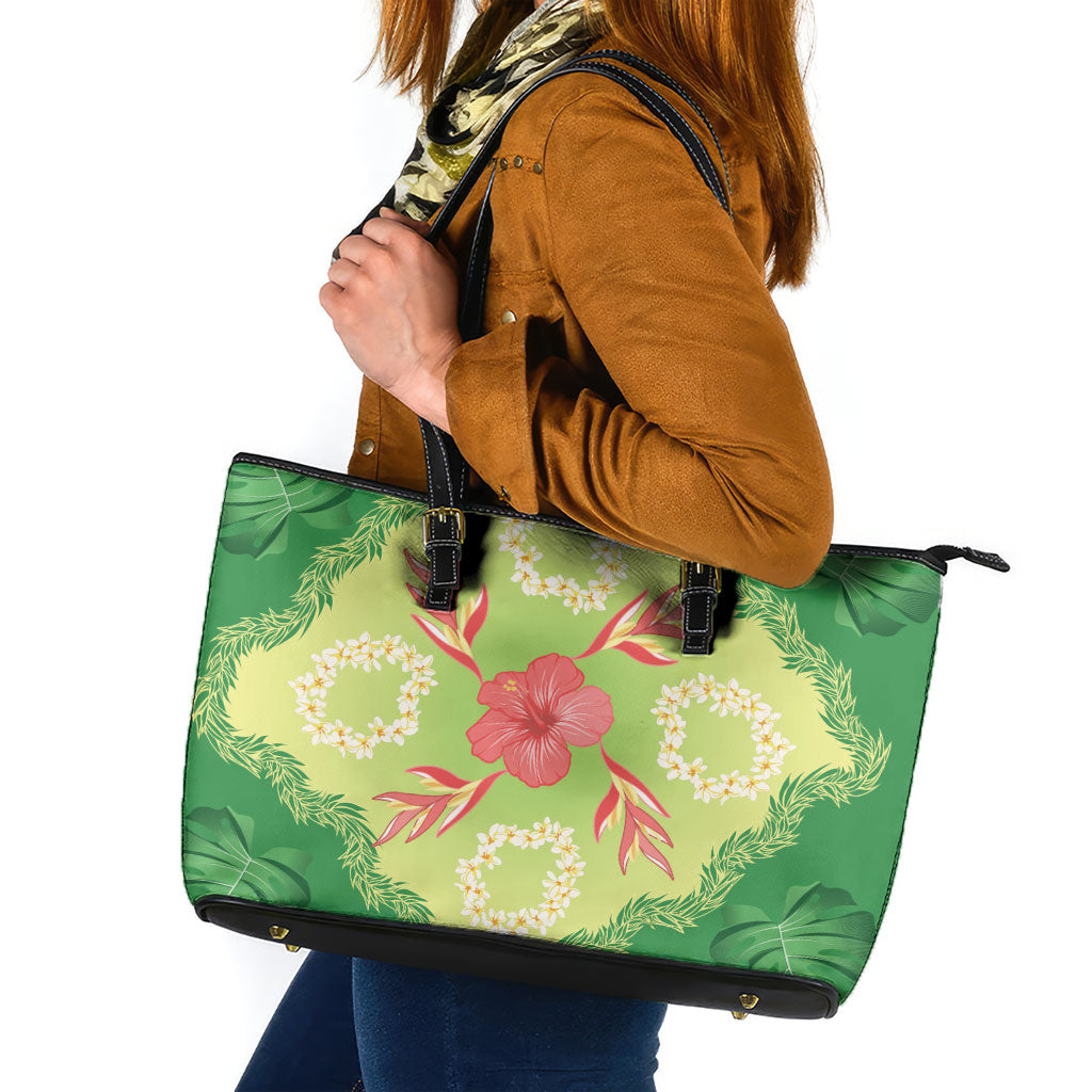 Hawaii Quilt Inspired Collection Aloha Flowers Leather Tote Bag Plumeria - Ti Leaf Lei LT7 Green - Polynesian Pride