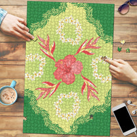 Hawaii Quilt Inspired Collection Aloha Flowers Puzzle Plumeria - Ti Leaf Lei LT7 Green - Polynesian Pride
