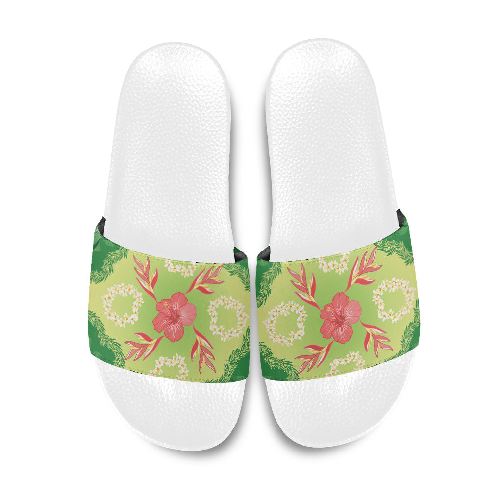 Hawaii Quilt Inspired Collection Aloha Flowers Slide Sandals Plumeria - Ti Leaf Lei LT7 Green - Polynesian Pride