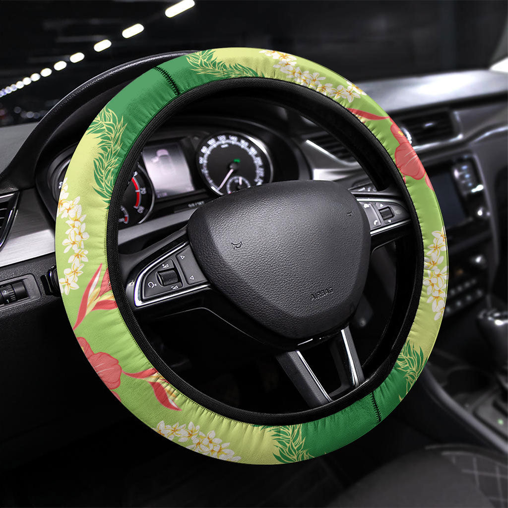 Hawaii Quilt Inspired Collection Aloha Flowers Steering Wheel Cover Plumeria - Ti Leaf Lei LT7 Universal Fit Green - Polynesian Pride