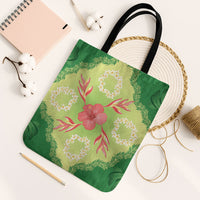 Hawaii Quilt Inspired Collection Aloha Flowers Tote Bag Plumeria - Ti Leaf Lei LT7 Black Strap One Size Green - Polynesian Pride