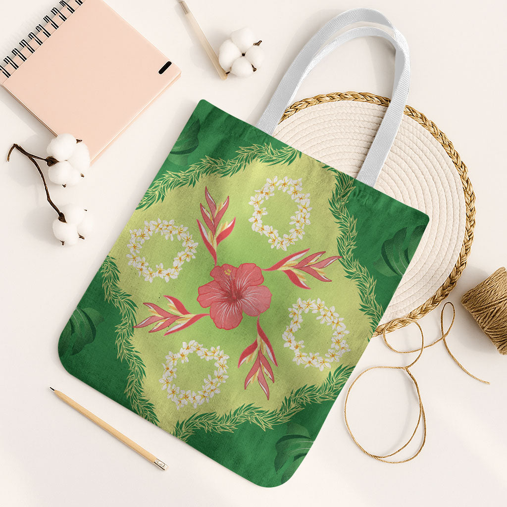 Hawaii Quilt Inspired Collection Aloha Flowers Tote Bag Plumeria - Ti Leaf Lei LT7 White Strap One Size Green - Polynesian Pride