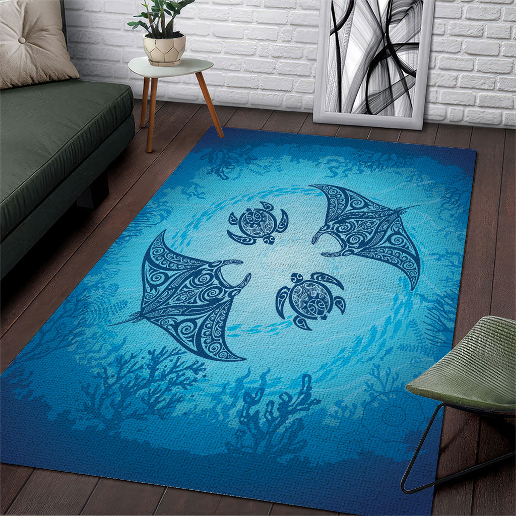 Hawaii Quilt Inspired Collection Aloha Sea Area Rug Manta Ray and Turtles LT7 Cerulean - Polynesian Pride