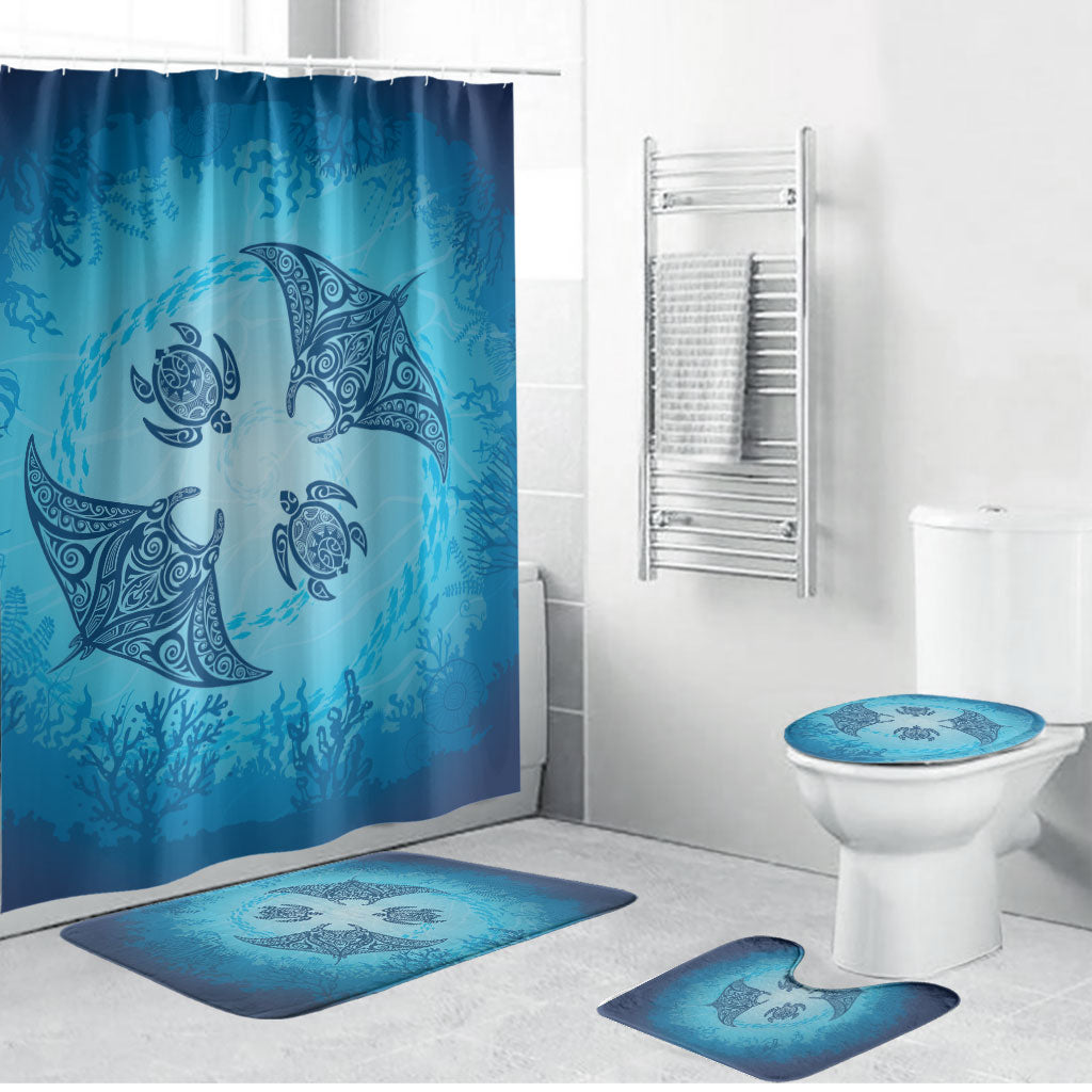 Hawaii Quilt Inspired Collection Aloha Sea Bathroom Set Manta Ray and Turtles LT7 Bathroom Set (4 pcs) Cerulean - Polynesian Pride