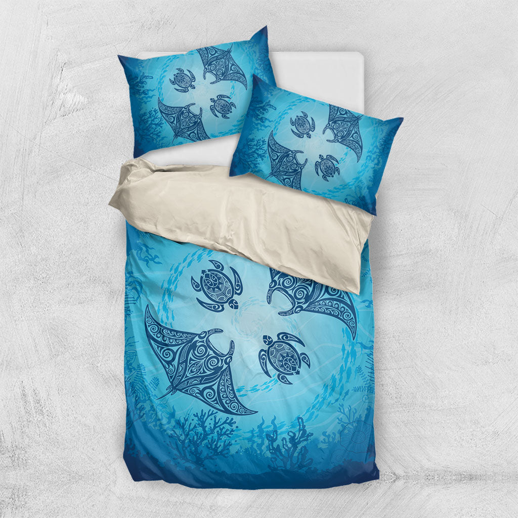 Hawaii Quilt Inspired Collection Aloha Sea Bedding Set Manta Ray and Turtles LT7 US Twin 172cm x 218cm Cerulean - Polynesian Pride