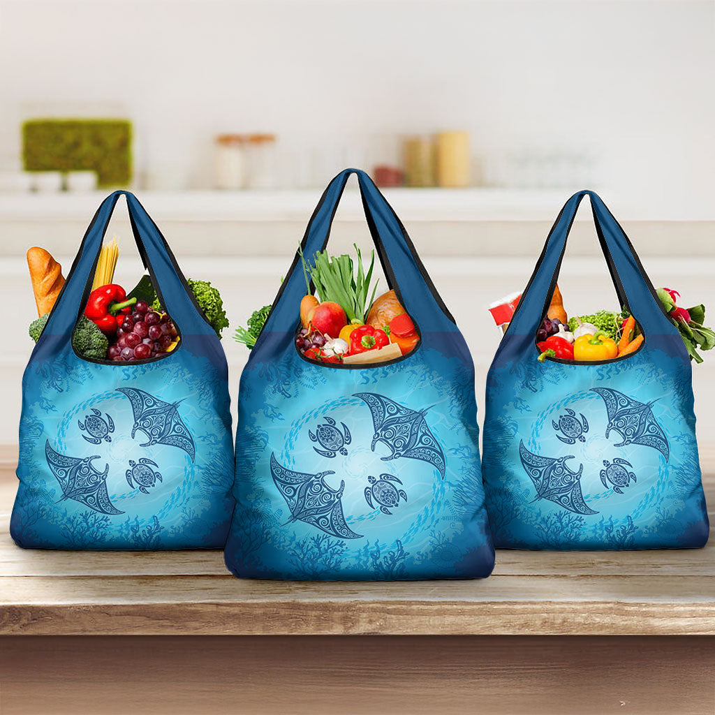 Hawaii Quilt Inspired Collection Aloha Sea Grocery Bag Manta Ray and Turtles LT7 3-pack One Size Cerulean - Polynesian Pride