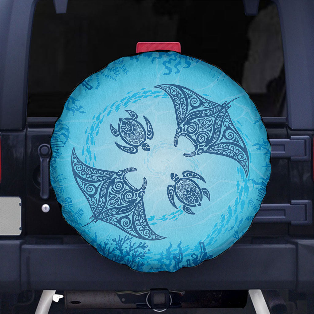Hawaii Quilt Inspired Collection Aloha Sea Spare Tire Cover Manta Ray and Turtles LT7 No hole Cerulean - Polynesian Pride