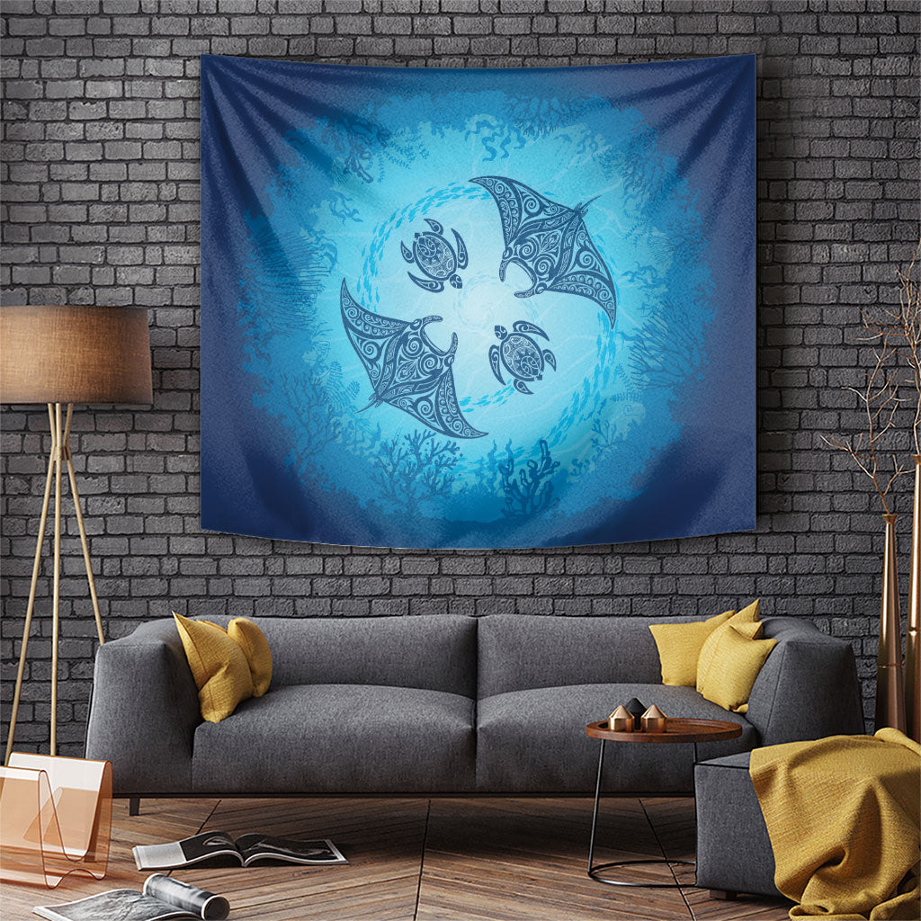 Hawaii Quilt Inspired Collection Aloha Sea Tapestry Manta Ray and Turtles LT7 Cerulean - Polynesian Pride