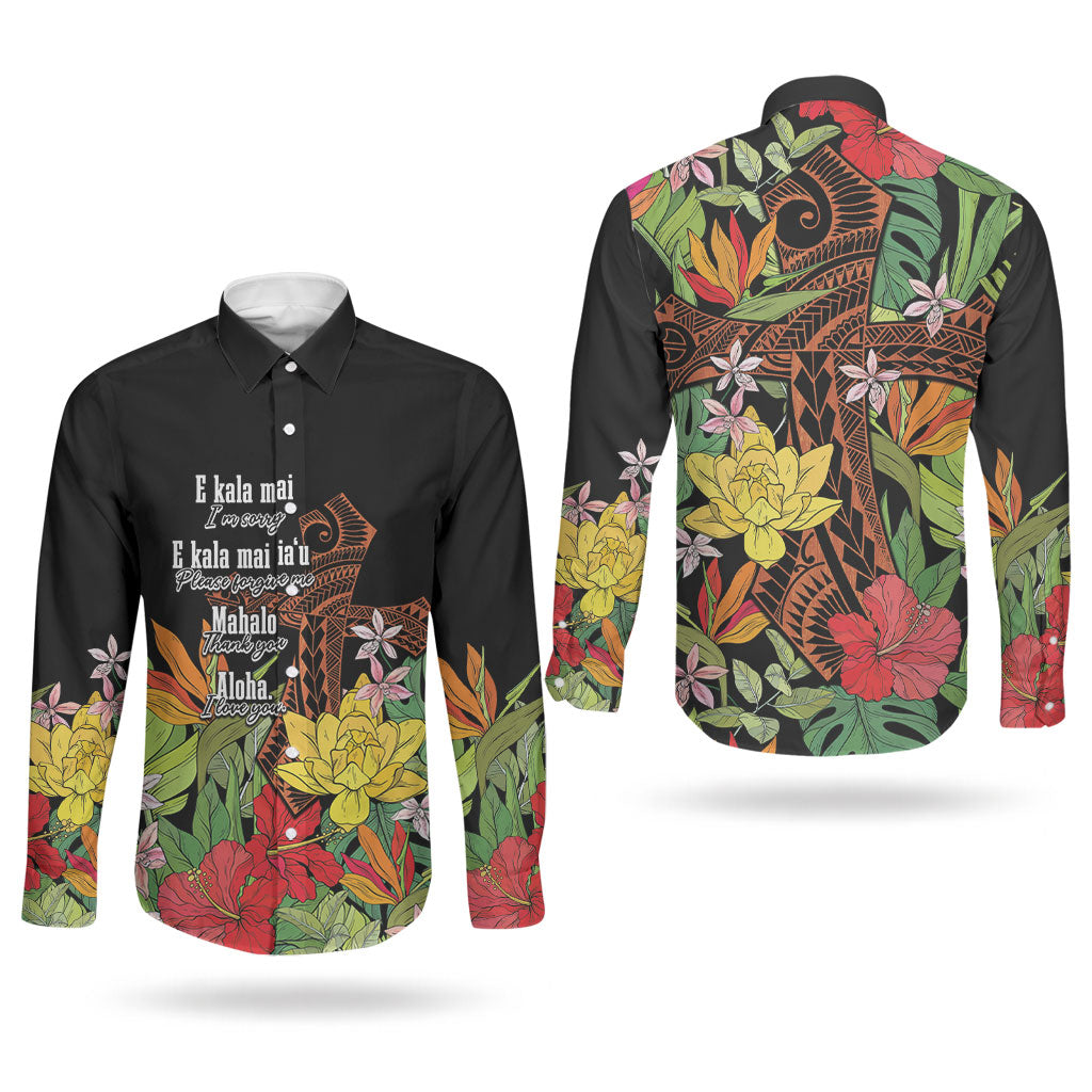 Mahalo Hawaii Ho'oponopono Pule Couples Matching Mermaid Dress and Long Sleeve Button Shirt Polynesian Pattern Cross LT7 - Polynesian Pride