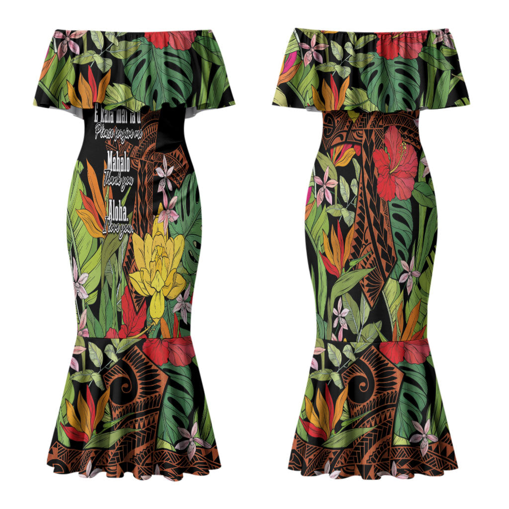 Mahalo Hawaii Ho'oponopono Pule Couples Matching Mermaid Dress and Long Sleeve Button Shirt Polynesian Pattern Cross LT7 - Polynesian Pride