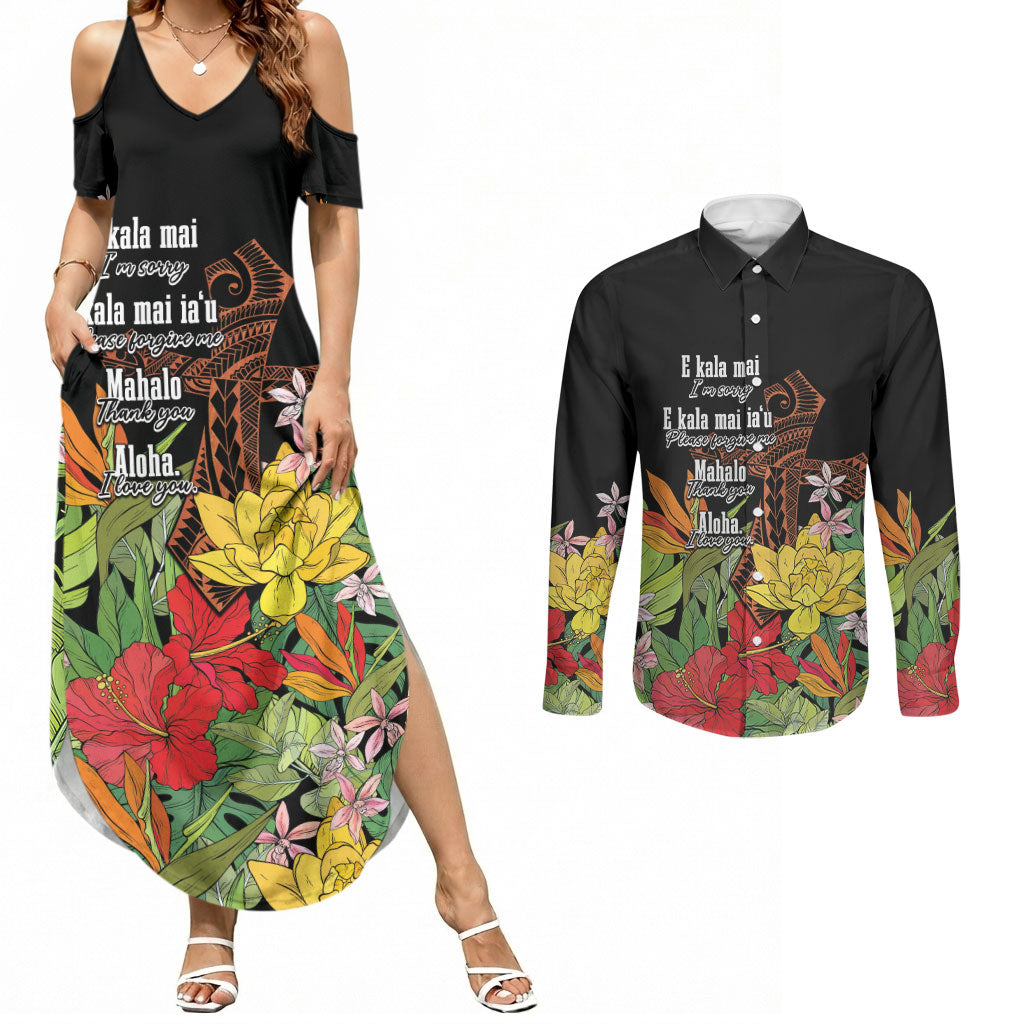 Mahalo Hawaii Ho'oponopono Pule Couples Matching Summer Maxi Dress and Long Sleeve Button Shirt Polynesian Pattern Cross