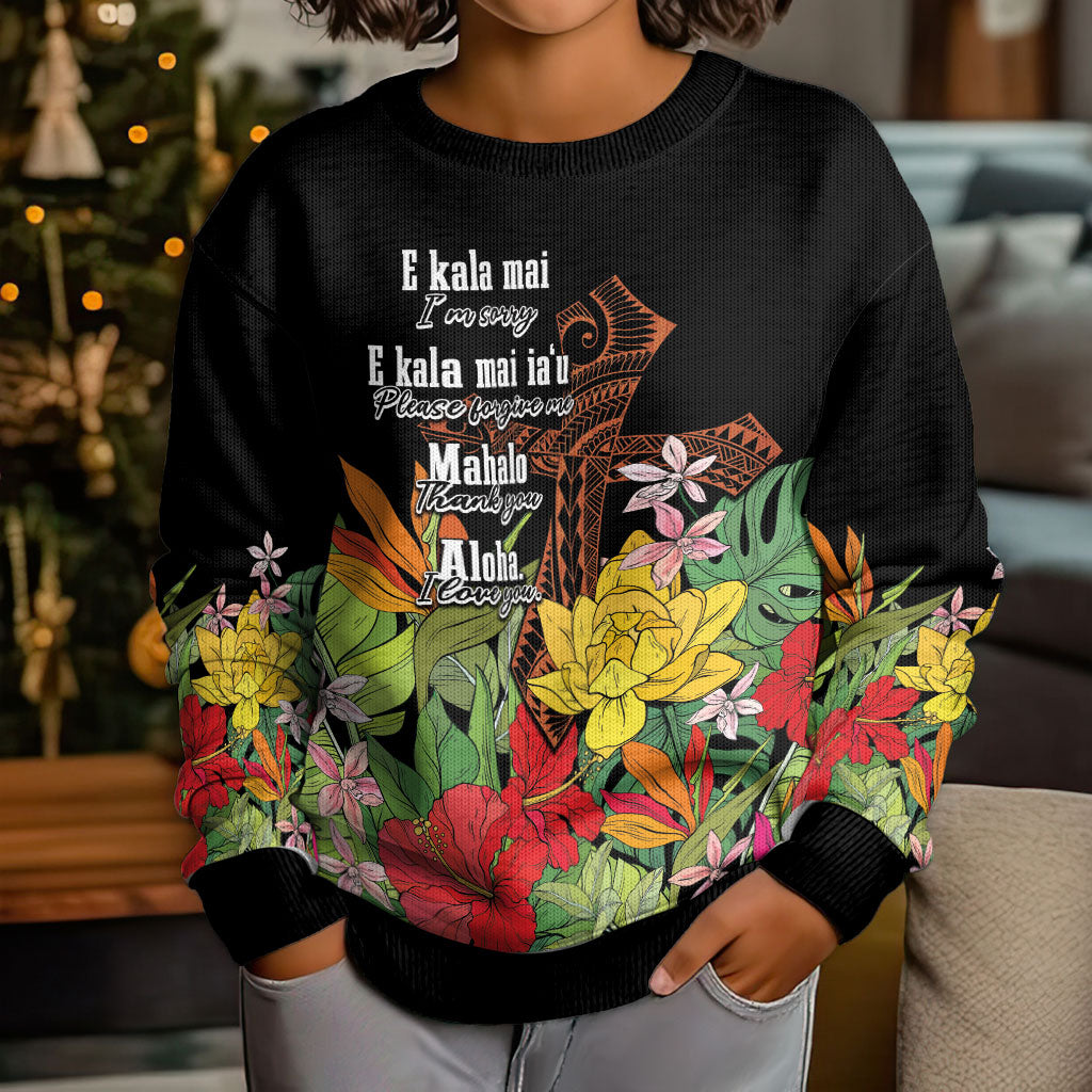 Mahalo Hawaii Ho'oponopono Pule Kid Ugly Christmas Sweater Polynesian Pattern Cross LT7 - Polynesian Pride