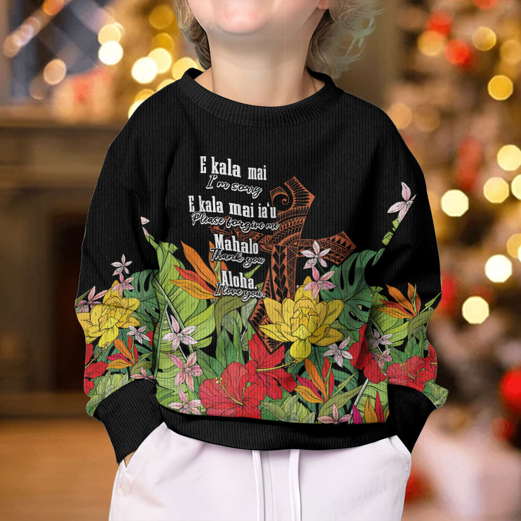 Mahalo Hawaii Ho'oponopono Pule Kid Ugly Christmas Sweater Polynesian Pattern Cross LT7 - Polynesian Pride