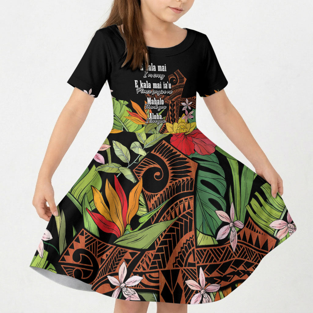 Mahalo Hawaii Ho'oponopono Pule Kid Short Sleeve Dress Polynesian Pattern Cross