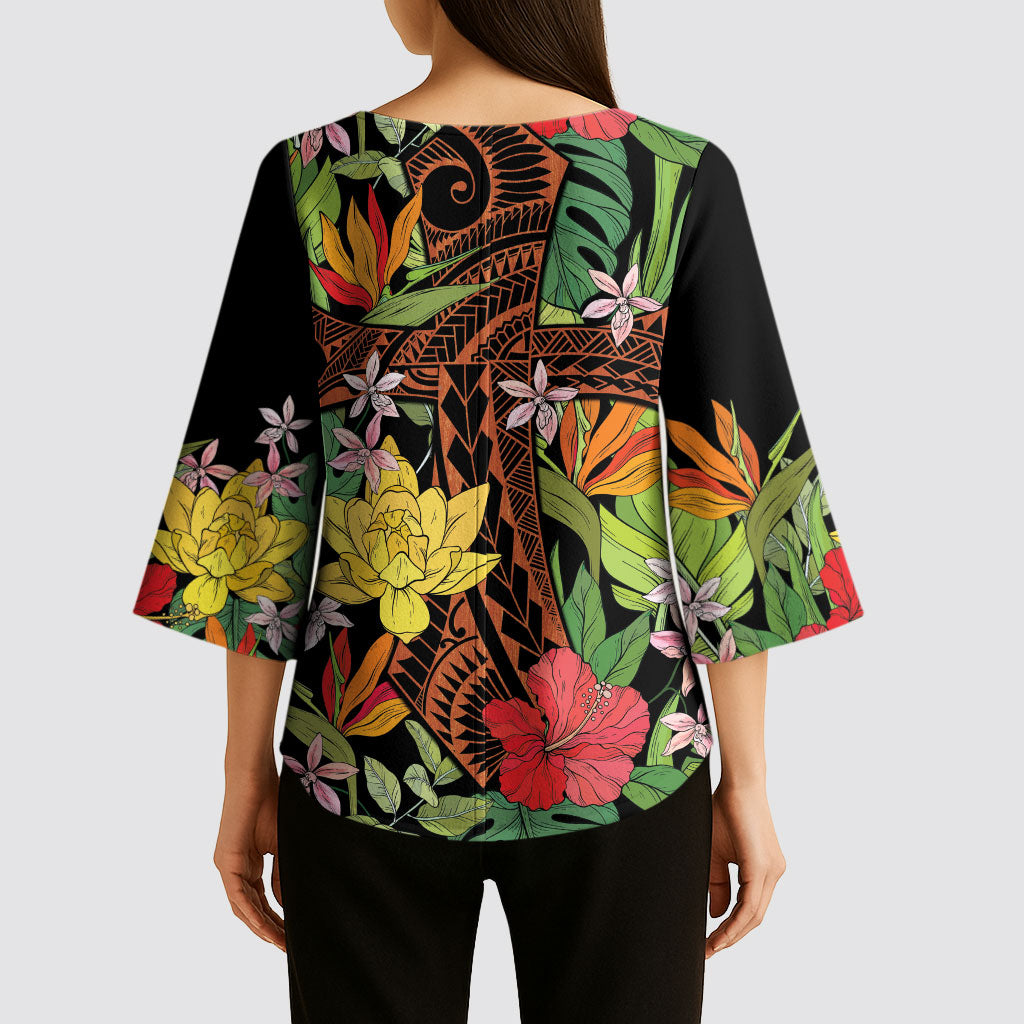 Mahalo Hawaii Ho'oponopono Pule Kimono Sleeve Blouse Polynesian Pattern Cross LT7 - Polynesian Pride