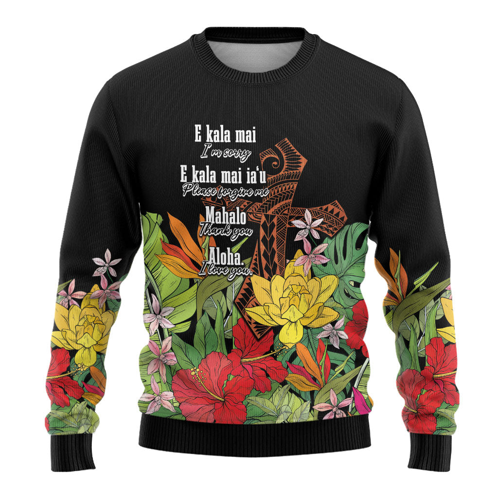 Mahalo Hawaii Ho'oponopono Pule Ugly Christmas Sweater Polynesian Pattern Cross LT7 - Polynesian Pride