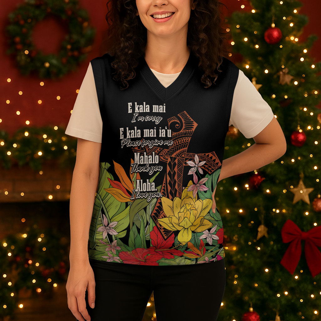 Mahalo Hawaii Ho'oponopono Pule Christmas Knitted V-Neck Vest Polynesian Pattern Cross LT7 - Polynesian Pride