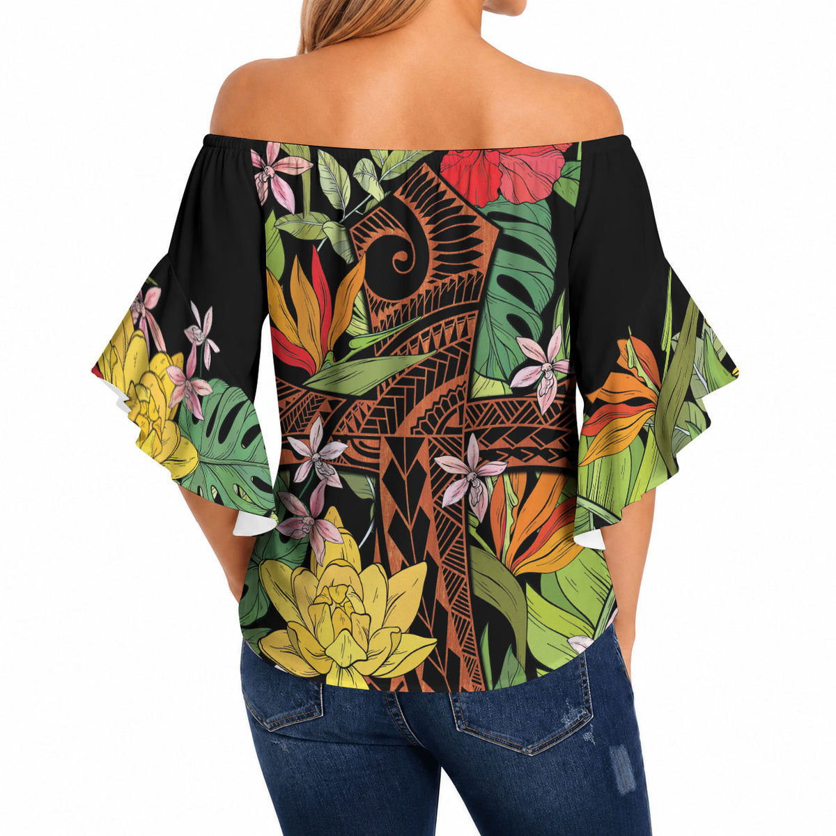Mahalo Hawaii Ho'oponopono Pule Off Shoulder Wrap Waist Top Polynesian Pattern Cross LT7 - Polynesian Pride