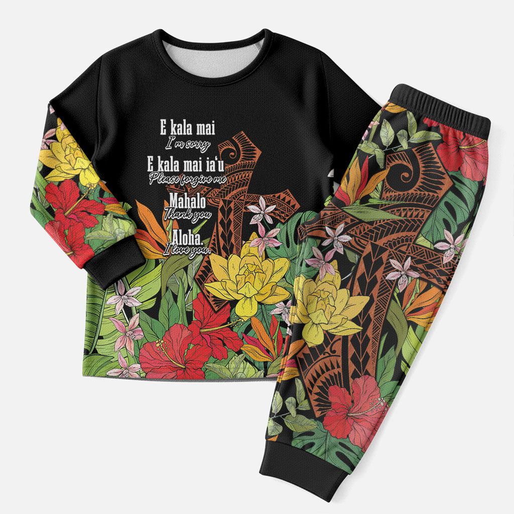 Mahalo Hawaii Ho'oponopono Pule Christmas Pajama Set Polynesian Pattern Cross LT7 Men Black - Polynesian Pride