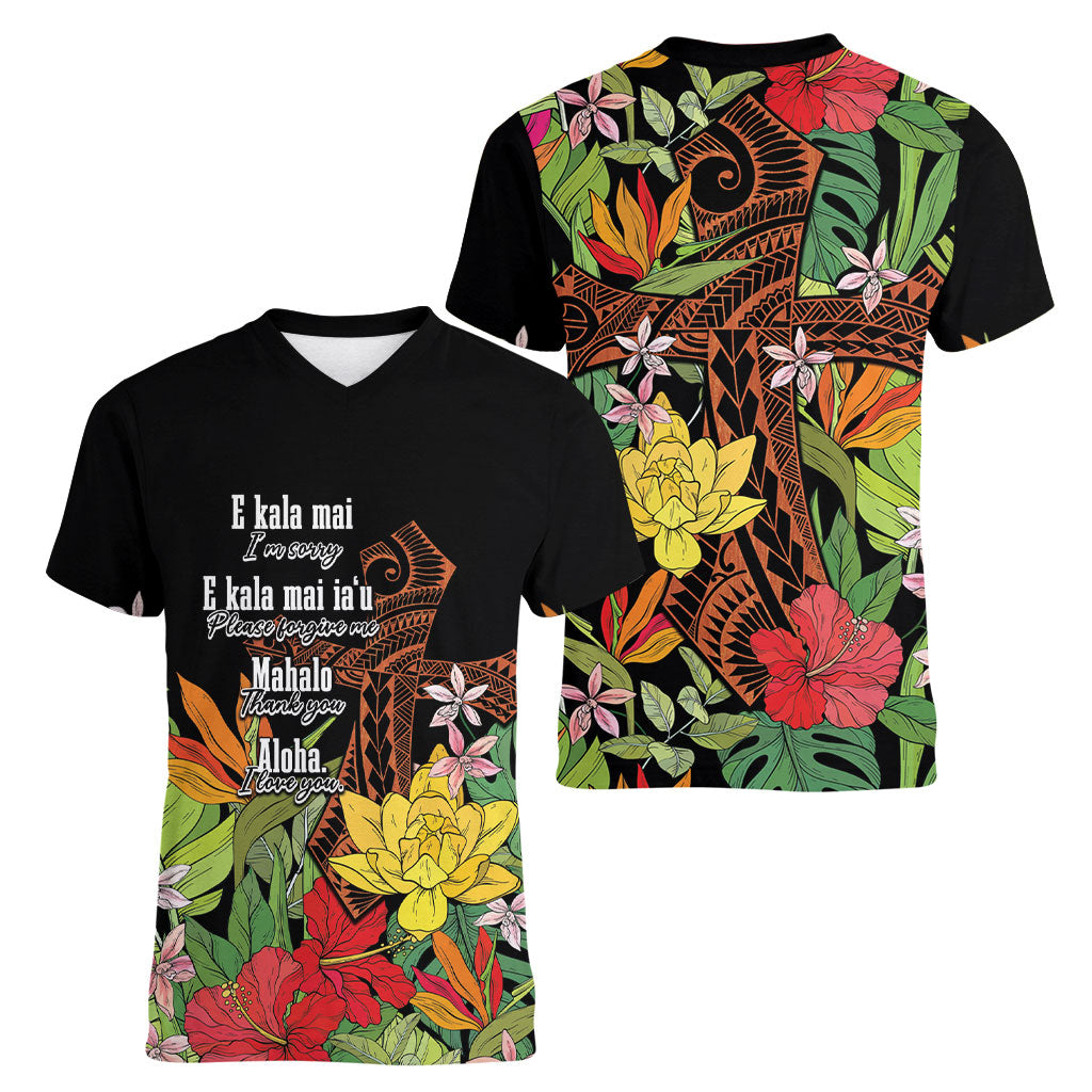 Mahalo Hawaii Ho'oponopono Pule Women V-Neck T-Shirt Polynesian Pattern Cross LT7 - Polynesian Pride