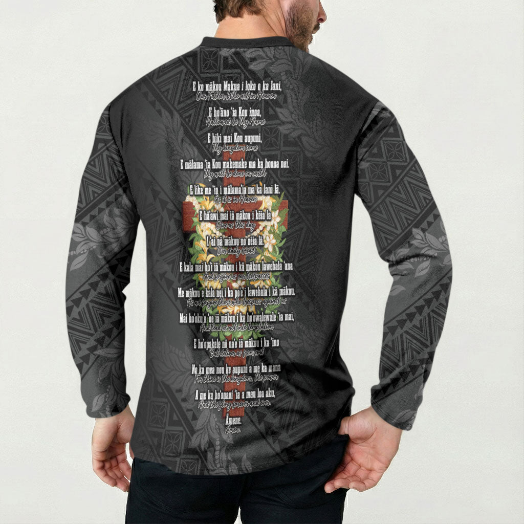 Hawaii Ka Pule a ka Haku Memorial Button Sweatshirt Flower Lei Cross - Black LT7 - Polynesian Pride
