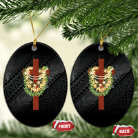 Hawaii Ka Pule a ka Haku Memorial Ceramic Ornament Flower Lei Cross - Black LT7 Oval Black - Polynesian Pride