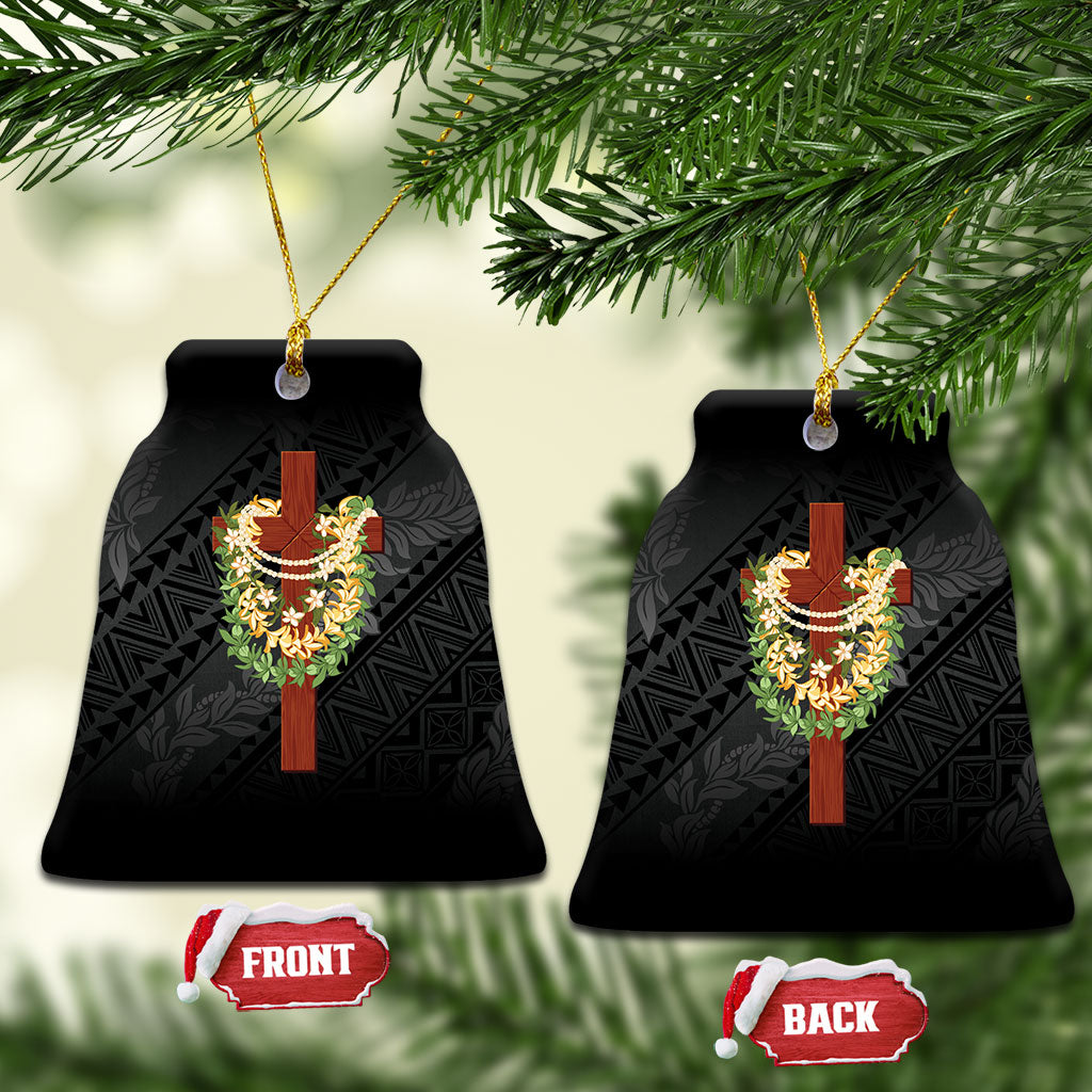 Hawaii Ka Pule a ka Haku Memorial Ceramic Ornament Flower Lei Cross - Black LT7 Bell Flake Black - Polynesian Pride