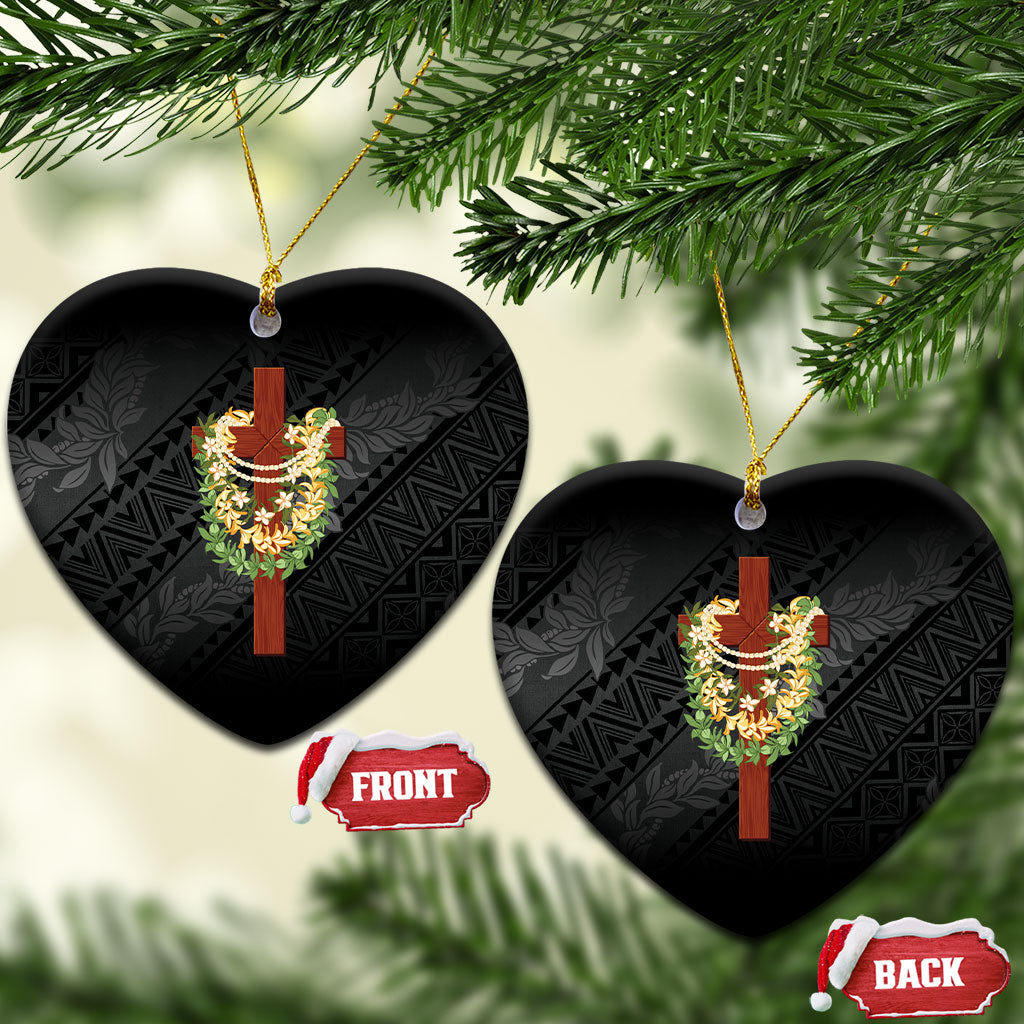 Hawaii Ka Pule a ka Haku Memorial Ceramic Ornament Flower Lei Cross - Black LT7 Heart Black - Polynesian Pride