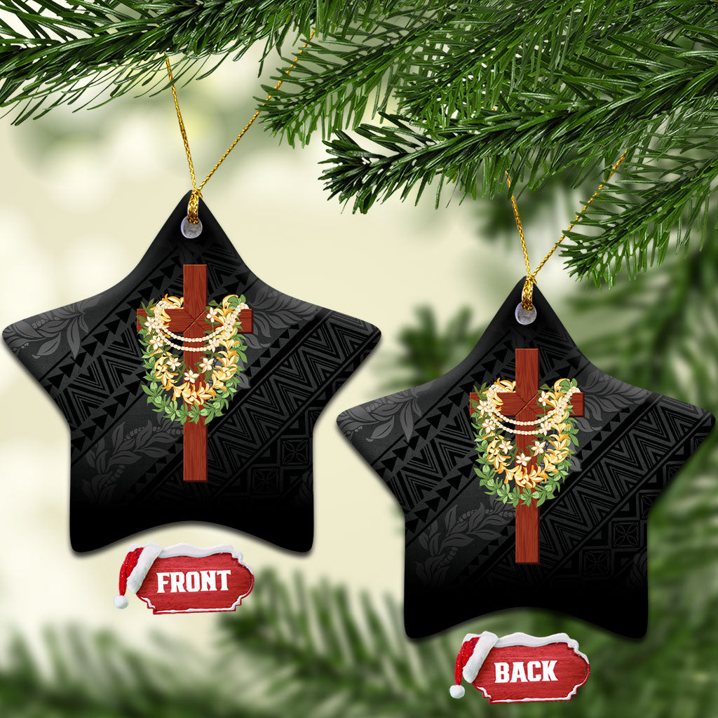 Hawaii Ka Pule a ka Haku Memorial Ceramic Ornament Flower Lei Cross - Black LT7 Star Black - Polynesian Pride