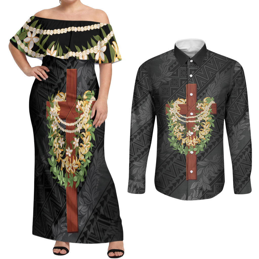Hawaii Ka Pule a ka Haku Memorial Couples Matching Off Shoulder Maxi Dress and Long Sleeve Button Shirt Flower Lei Cross - Black LT7 Black - Polynesian Pride