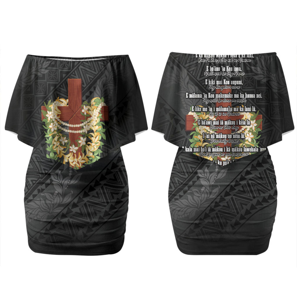 Hawaii Ka Pule a ka Haku Memorial Couples Matching Off Shoulder Short Dress and Long Sleeve Button Shirt Flower Lei Cross - Black LT7 - Polynesian Pride