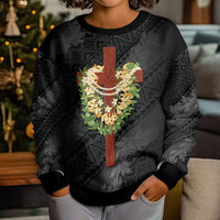 Hawaii Ka Pule a ka Haku Memorial Kid Ugly Christmas Sweater Flower Lei Cross - Black LT7 - Polynesian Pride