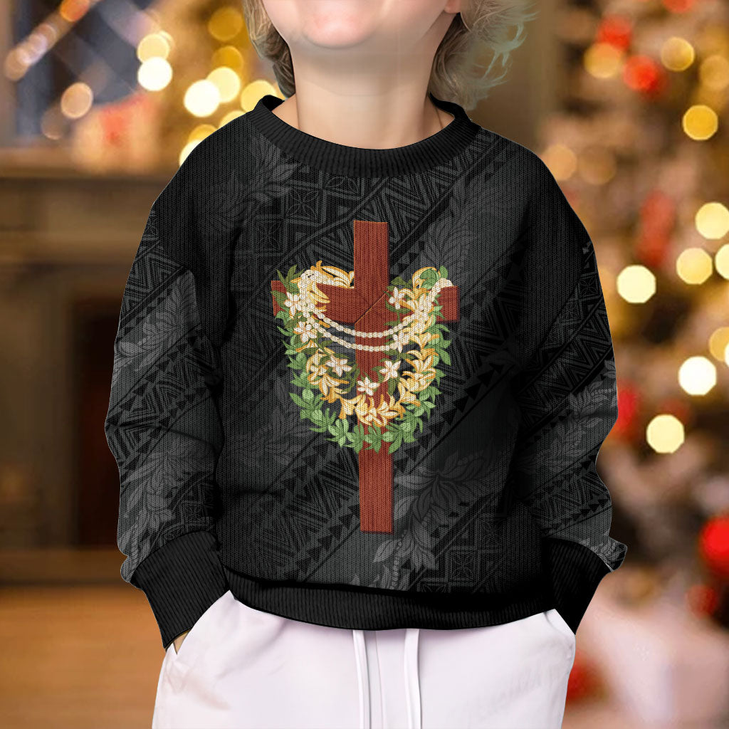 Hawaii Ka Pule a ka Haku Memorial Kid Ugly Christmas Sweater Flower Lei Cross - Black LT7 - Polynesian Pride