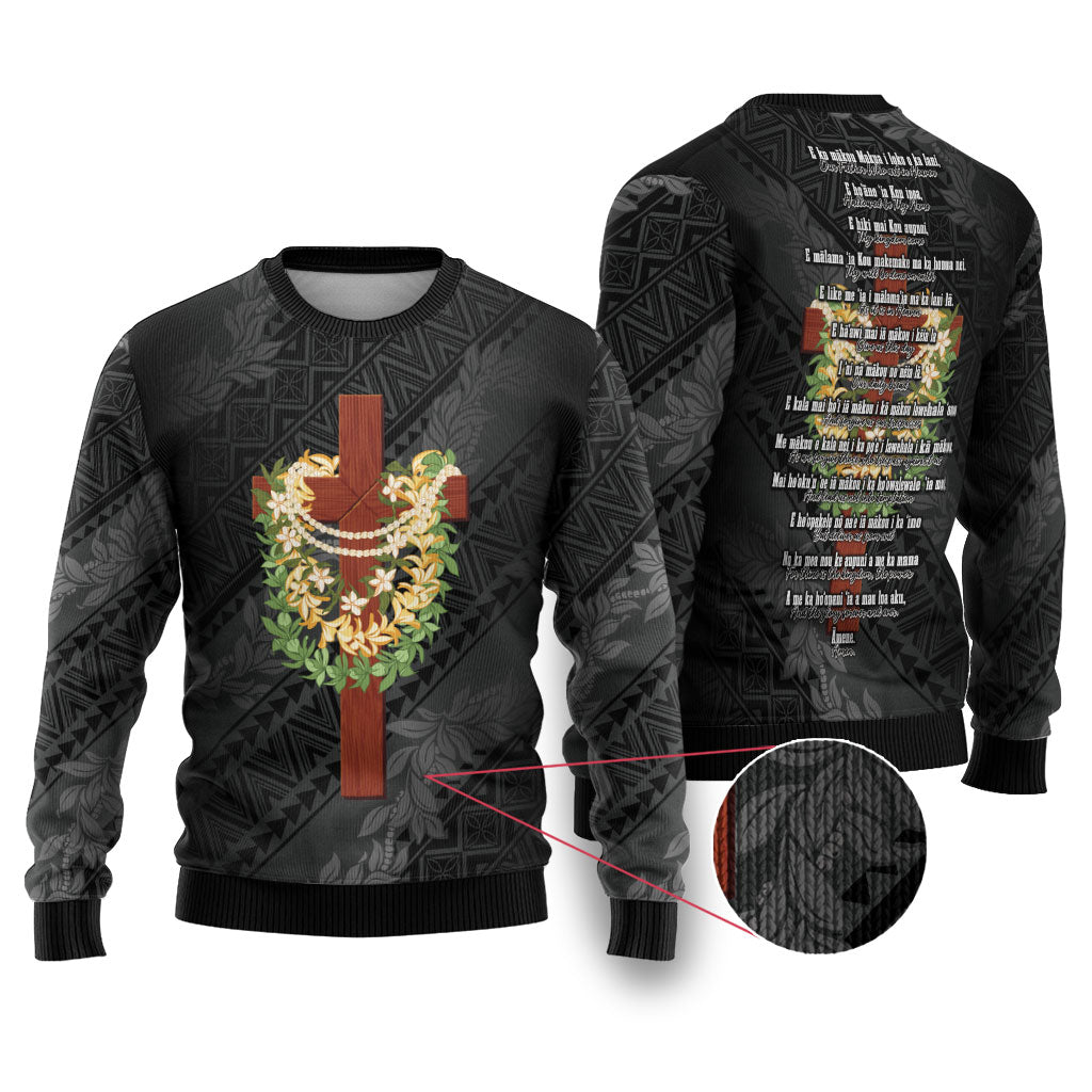 Hawaii Ka Pule a ka Haku Memorial Ugly Christmas Sweater Flower Lei Cross - Black LT7 Black - Polynesian Pride