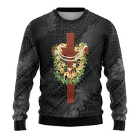 Hawaii Ka Pule a ka Haku Memorial Ugly Christmas Sweater Flower Lei Cross - Black LT7 - Polynesian Pride