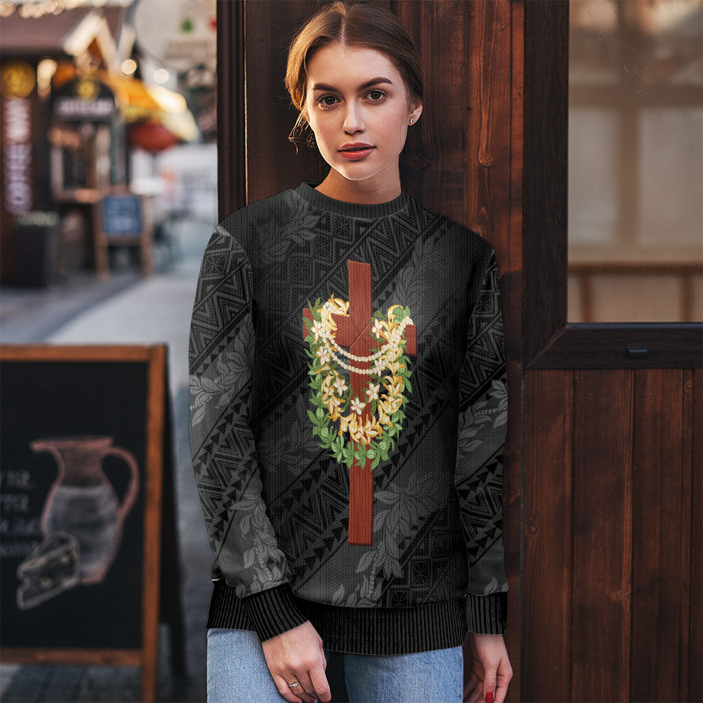 Hawaii Ka Pule a ka Haku Memorial Ugly Christmas Sweater Flower Lei Cross - Black LT7 - Polynesian Pride