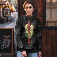 Hawaii Ka Pule a ka Haku Memorial Ugly Christmas Sweater Flower Lei Cross - Black LT7 - Polynesian Pride
