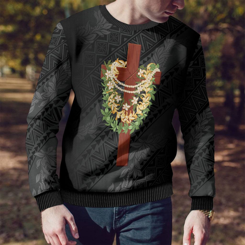 Hawaii Ka Pule a ka Haku Memorial Ugly Christmas Sweater Flower Lei Cross - Black LT7 - Polynesian Pride