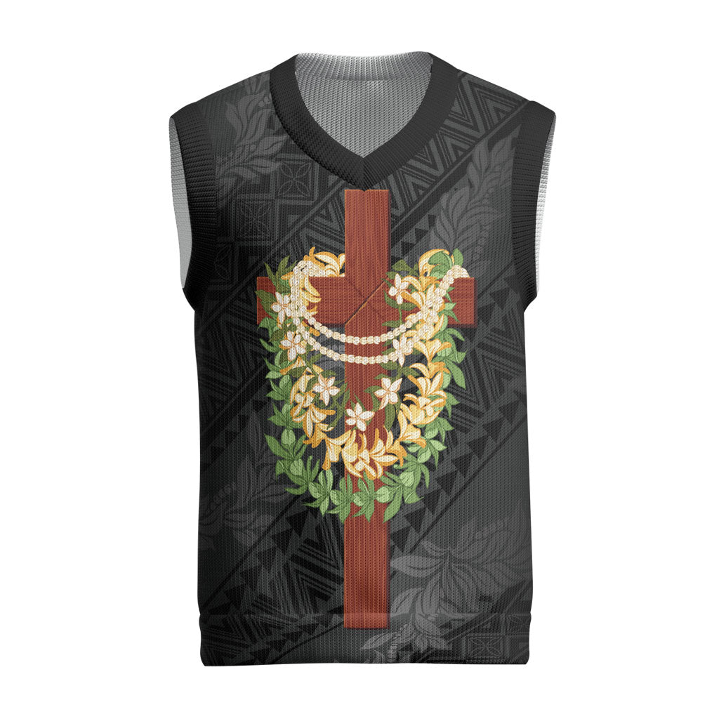Hawaii Ka Pule a ka Haku Memorial Christmas Knitted V-Neck Vest Flower Lei Cross - Black LT7 Black - Polynesian Pride