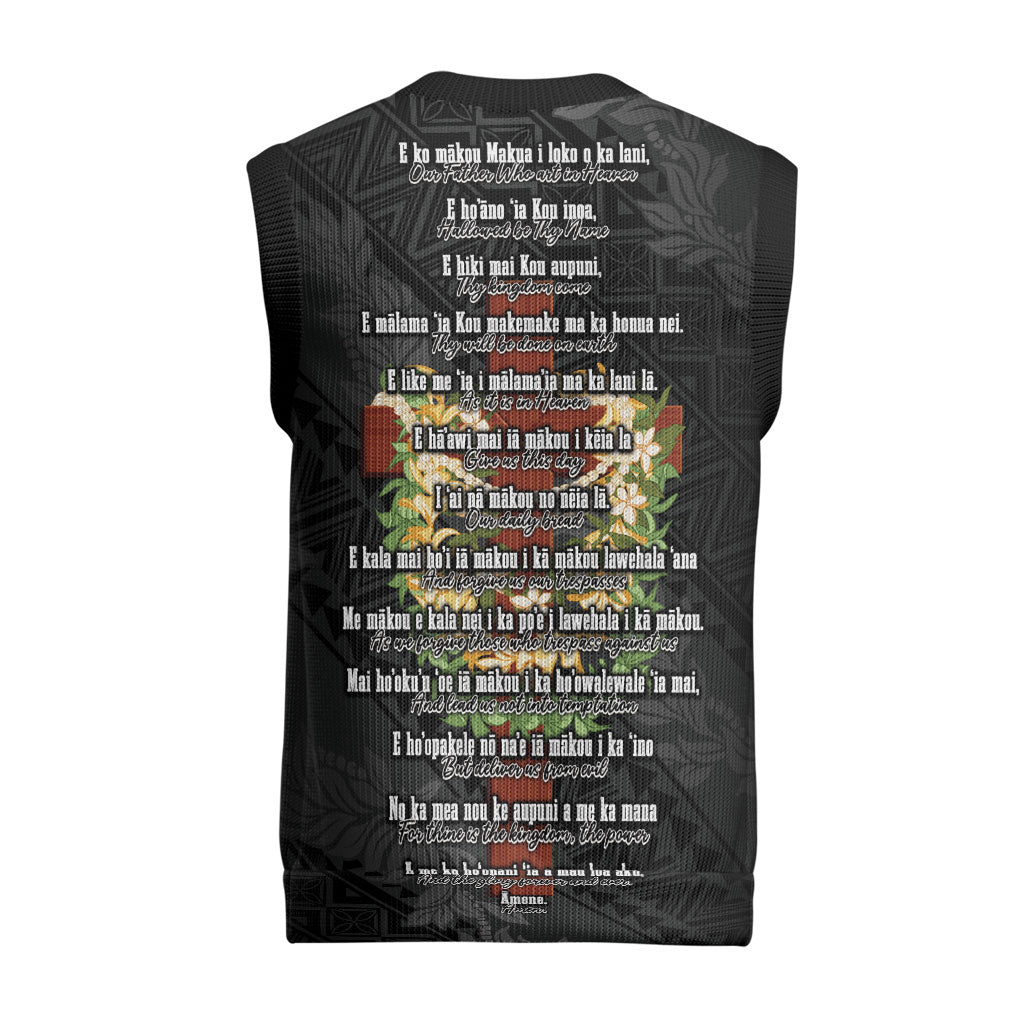 Hawaii Ka Pule a ka Haku Memorial Christmas Knitted V-Neck Vest Flower Lei Cross - Black LT7 - Polynesian Pride