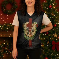 Hawaii Ka Pule a ka Haku Memorial Christmas Knitted V-Neck Vest Flower Lei Cross - Black LT7 - Polynesian Pride