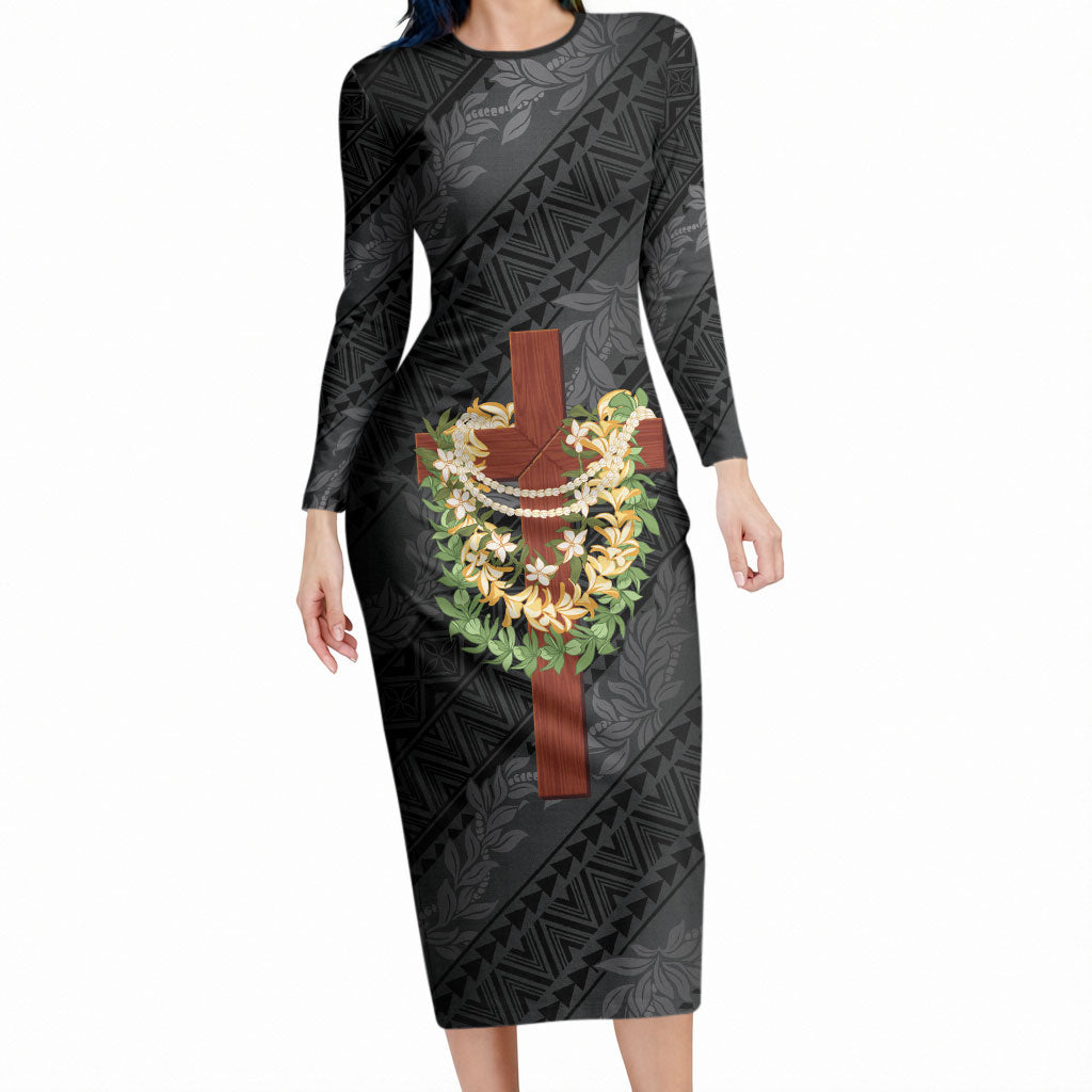 Hawaii Ka Pule a ka Haku Memorial Long Sleeve Bodycon Dress Flower Lei Cross - Black LT7 Long Dress Black - Polynesian Pride