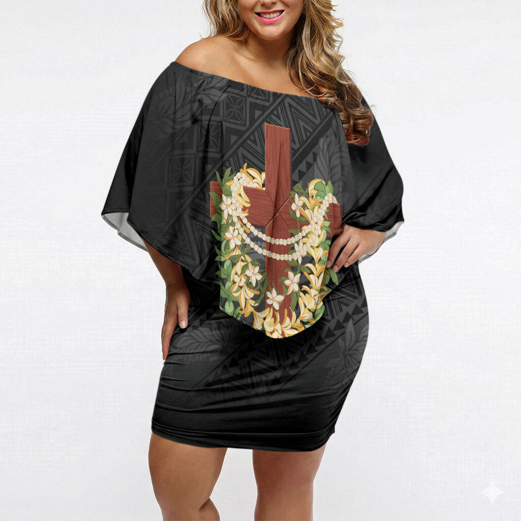 Hawaii Ka Pule a ka Haku Memorial Off Shoulder Short Dress Flower Lei Cross - Black LT7 Women Black - Polynesian Pride