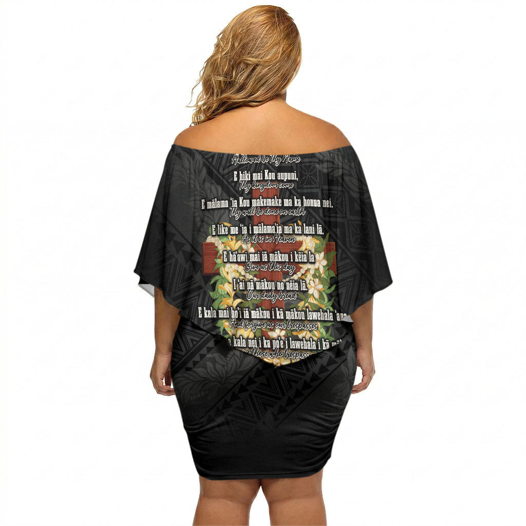 Hawaii Ka Pule a ka Haku Memorial Off Shoulder Short Dress Flower Lei Cross - Black LT7 - Polynesian Pride