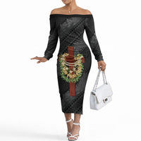 Hawaii Ka Pule a ka Haku Memorial Off The Shoulder Long Sleeve Dress Flower Lei Cross - Black LT7 Women Black - Polynesian Pride
