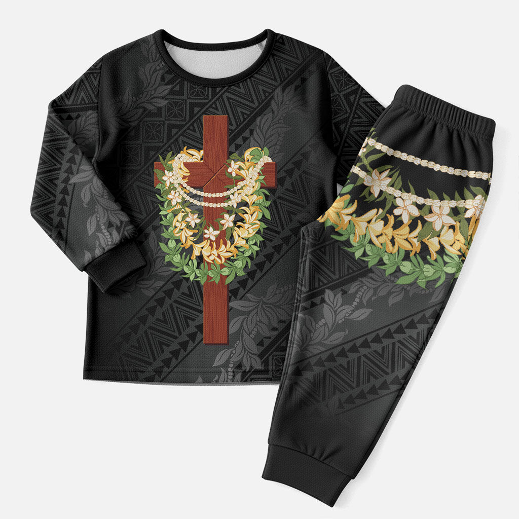 Hawaii Ka Pule a ka Haku Memorial Christmas Pajama Set Flower Lei Cross - Black LT7 Men Black - Polynesian Pride