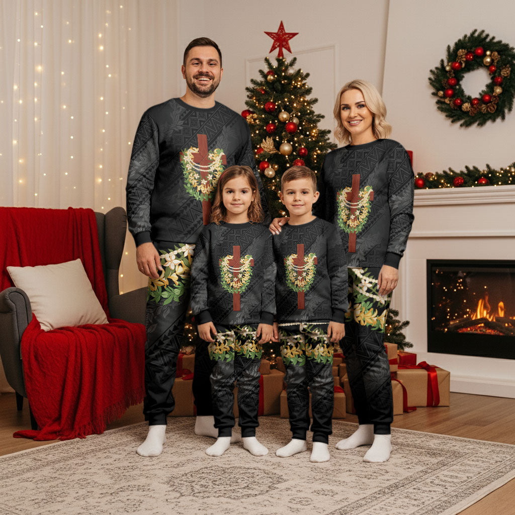 Hawaii Ka Pule a ka Haku Memorial Christmas Pajama Set Flower Lei Cross - Black LT7 - Polynesian Pride