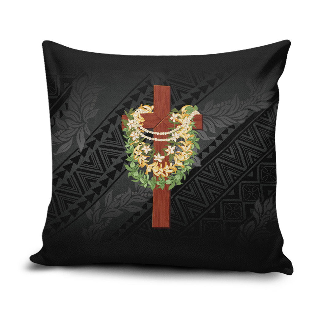 Hawaii Ka Pule a ka Haku Memorial Pillow Cover Flower Lei Cross - Black LT7 Black - Polynesian Pride