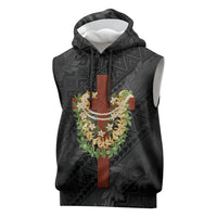 Hawaii Ka Pule a ka Haku Memorial Sleeveless Hoodie Flower Lei Cross - Black LT7 Black - Polynesian Pride