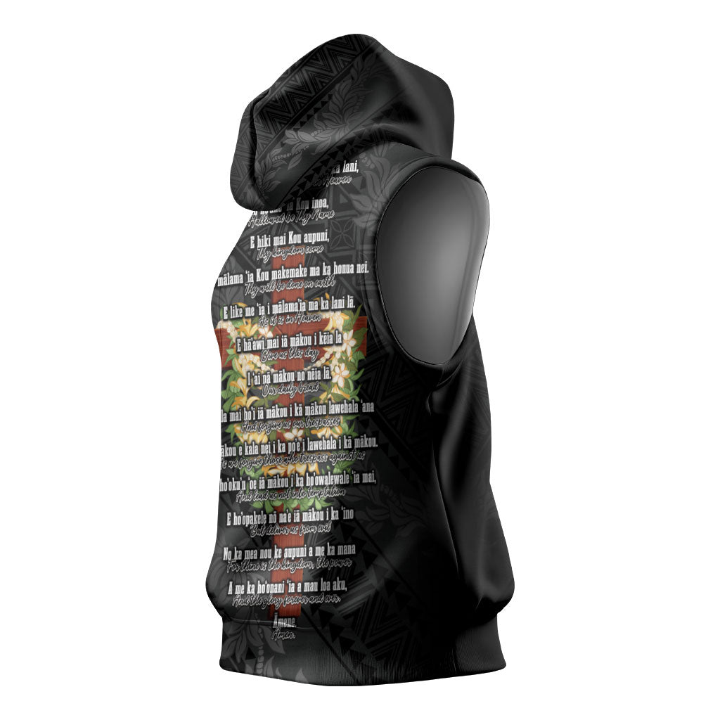 Hawaii Ka Pule a ka Haku Memorial Sleeveless Hoodie Flower Lei Cross - Black LT7 - Polynesian Pride